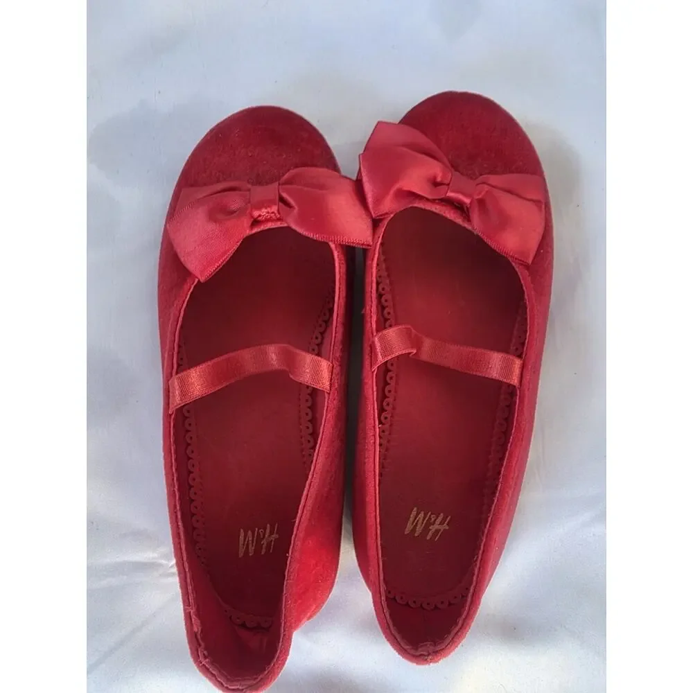 H&M Girls Red Ballet Flats Bow Strap Round Toe US 11.5 EU 29